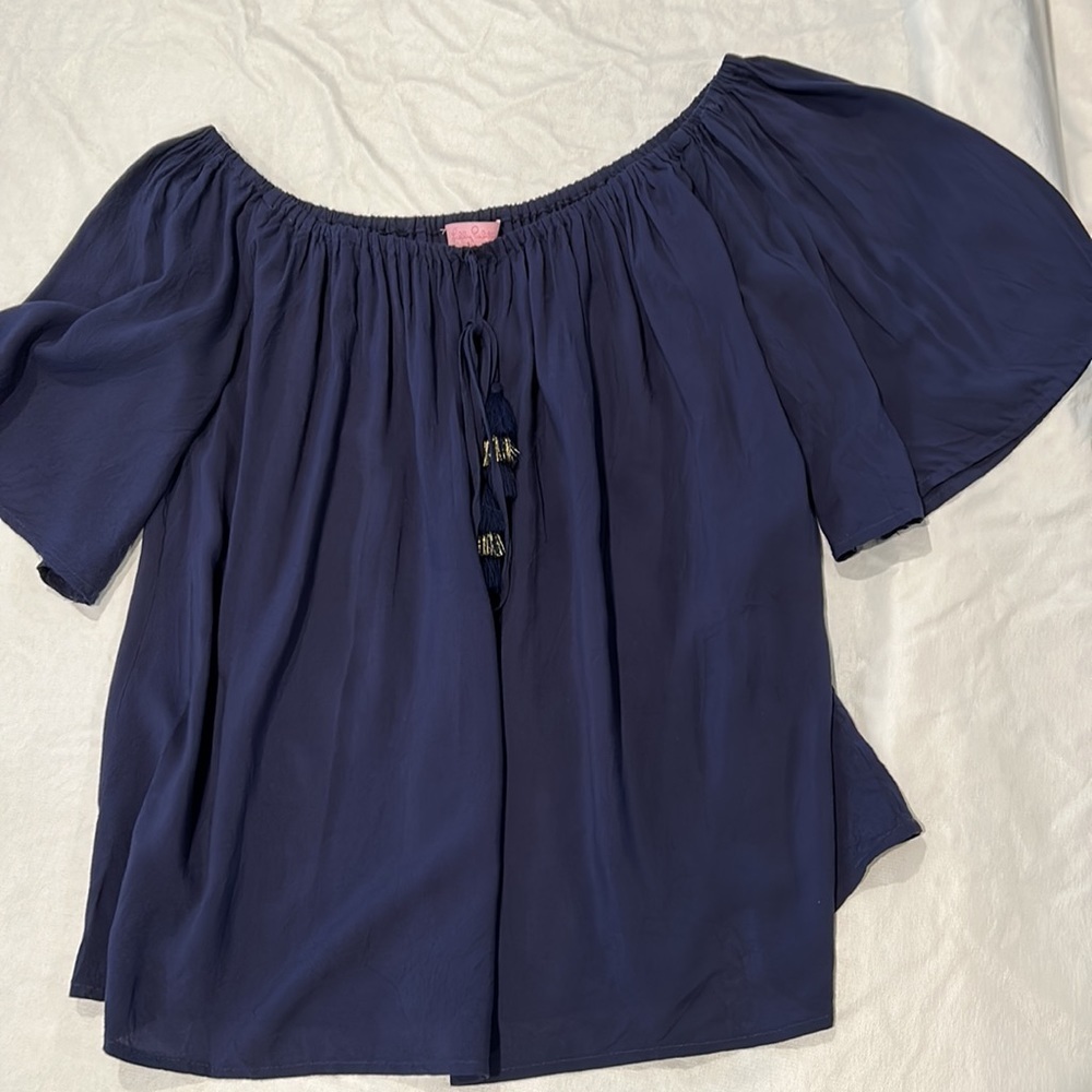 Lilly Pulitzer Navy Blue Top Size Medium Stretch Neckline with Tassels Like New - Picture 9 of 9